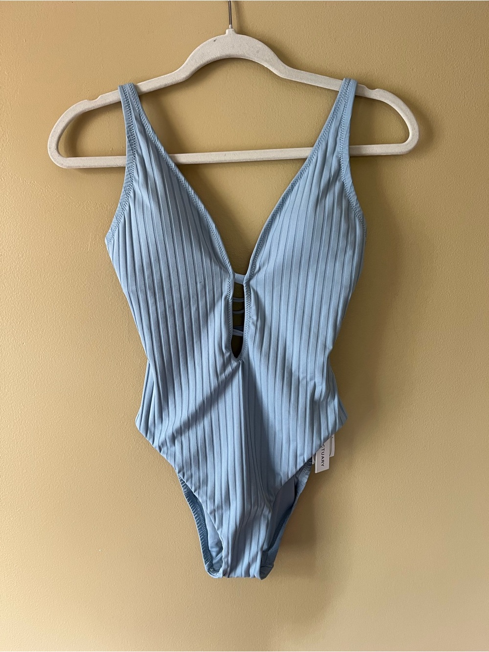 Sanctuary Light Blue Ribbed Open CrissCross Back One-Piece Swimsuit